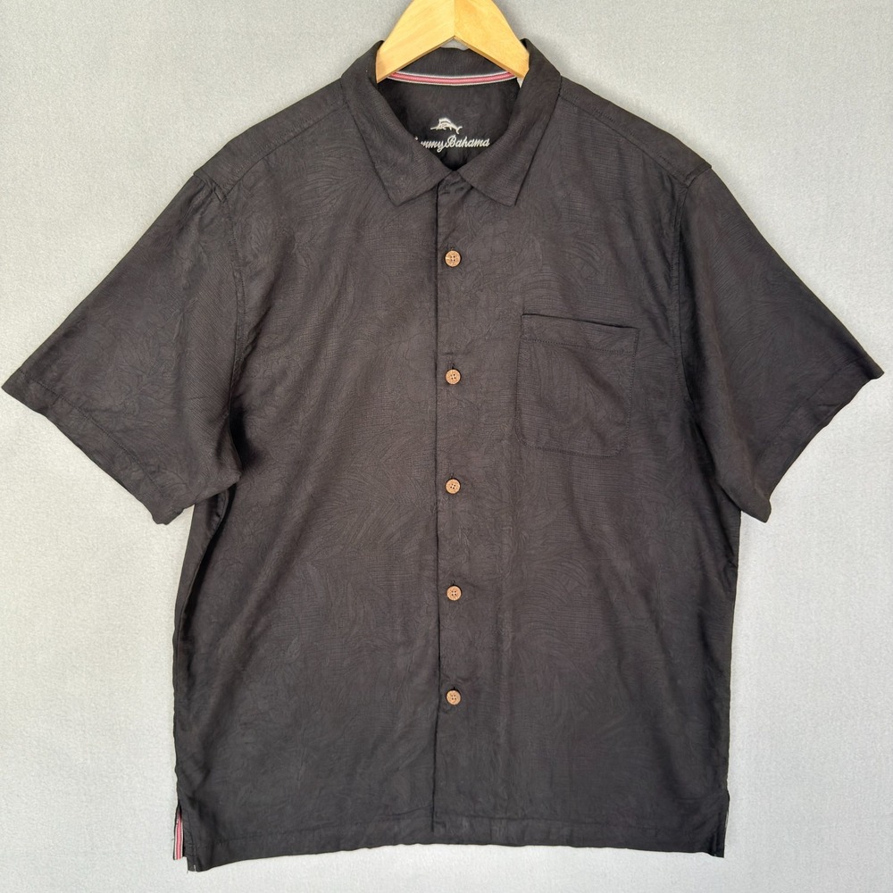 Tommy Bahama Tropic Isles 100% Silk Camp Button Shirt‎ Mens Large Black Textured